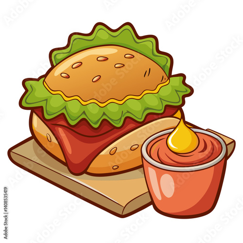 Cartoon hamburger with sauce illustration on wooden board