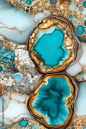 Abstract Teal and Gold Ink Art Painting