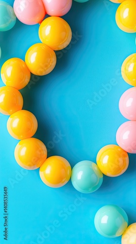 Colorful spherical beads arranged in a circular pattern against a vibrant background.
