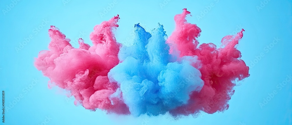 Fototapeta premium Colorful, abstract ink clouds against a light blue backdrop.