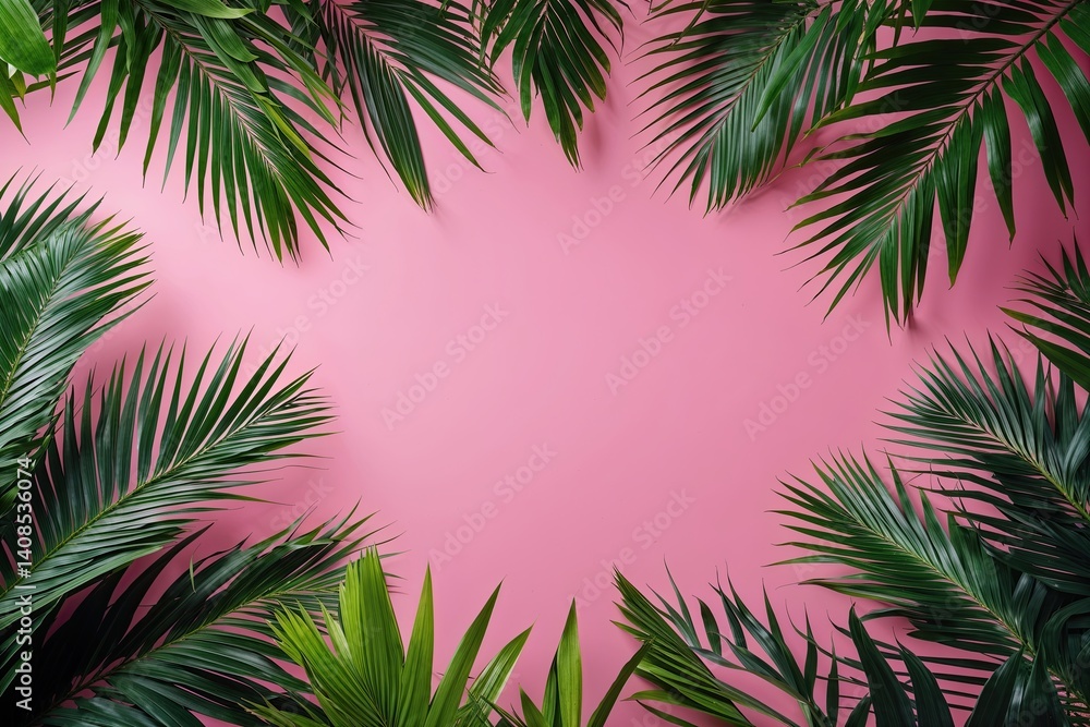 Vibrant Pink Backgrounds Surrounded by Lush Green Palm Leaves Vibrant Pink Backgrounds Surrounded by Lush Green Palm Leaves