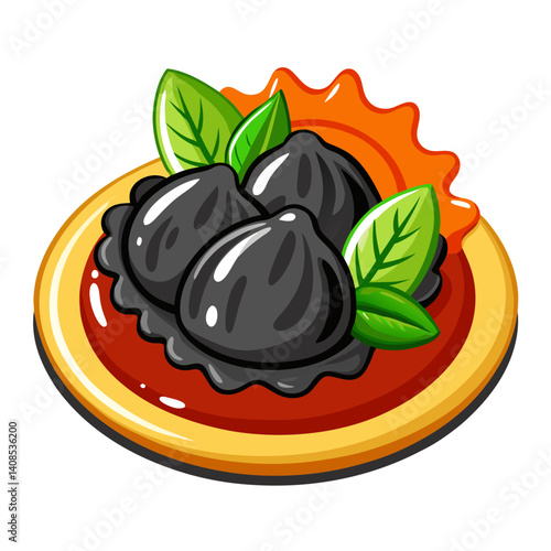 Black truffle ravioli cartoon illustration with tomato sauce