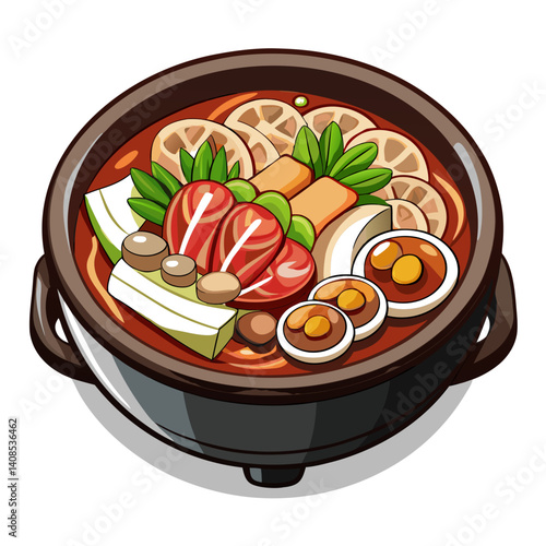 Delicious Budae Jjigae Illustration in Traditional Korean Hot Pot