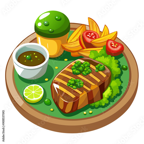 Grilled steak cartoon illustration with various accompaniments