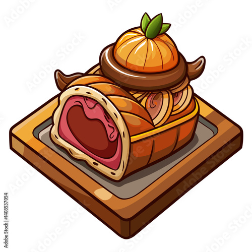 Cartoon meatloaf on board with a pumpkin topping