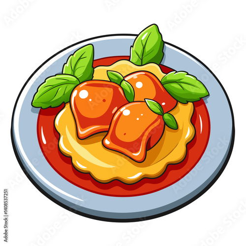 Cartoon plate of gnocchi with basil leaves illustration