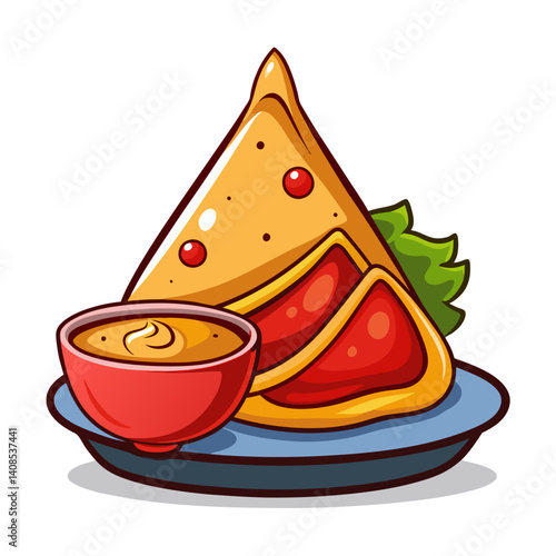 Delicious cartoon samosa with chutney on a plate