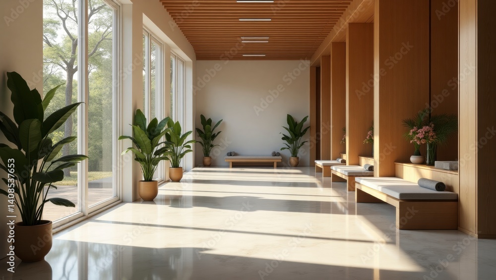 Fototapeta premium A modern hallway adorned with a lush green plant creating an inviting and refreshing atmosphere for a contemporary asian-inspired home decor style