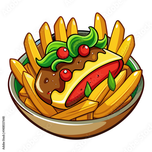 Cartoon Poutine Illustration: French Fries, Gravy, and Curds
