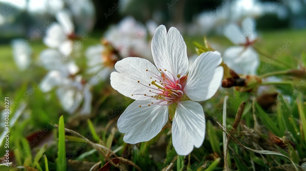 Fototapeta premium Delicate white cherry blossoms bloom in a grassy field.