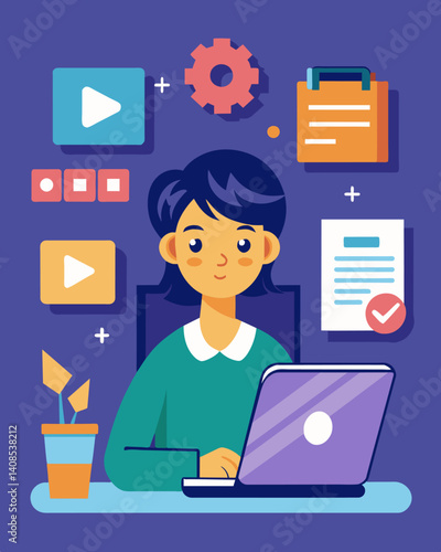 A student works independently on their coding project utilizing the resources available to them in the flipped classroom such as video tutorials and interactive quizzes.. Vector illustration
