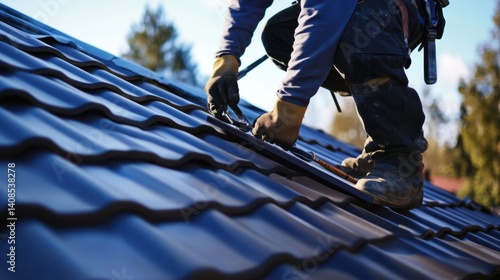 Roofer fixing roof tiles at a construction site. Featuring expertise and care