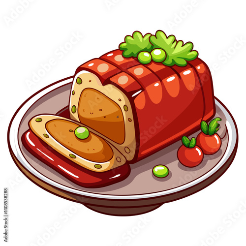Cartoon Meatloaf Illustration on a Plate with Garnishes