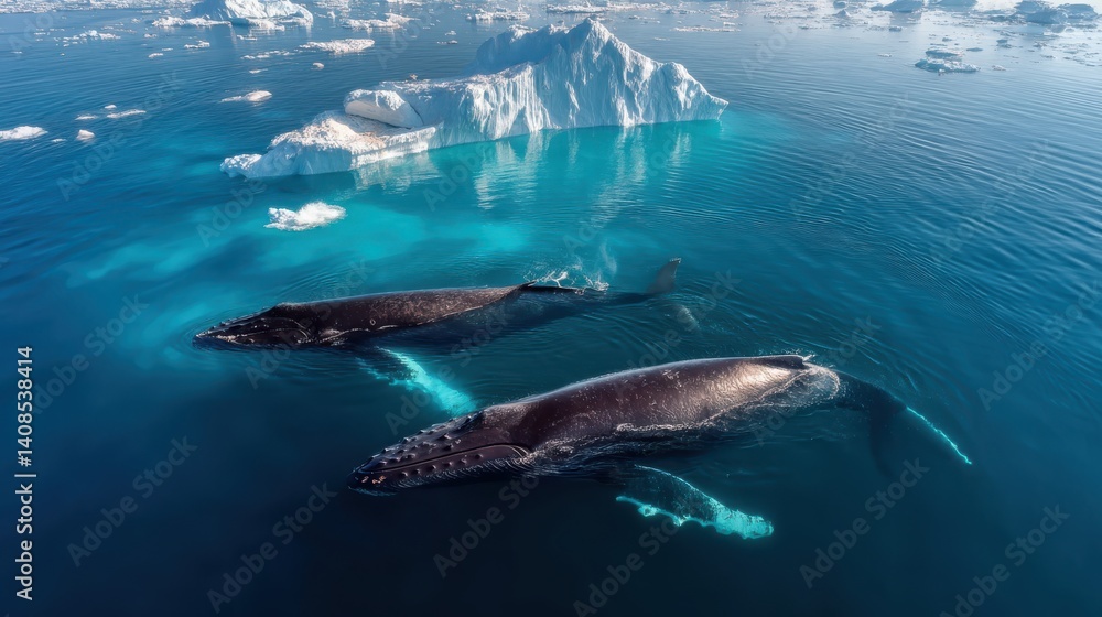 Humpback whales swimming near iceberg in greenland Humpback whales swimming near iceberg in greenland