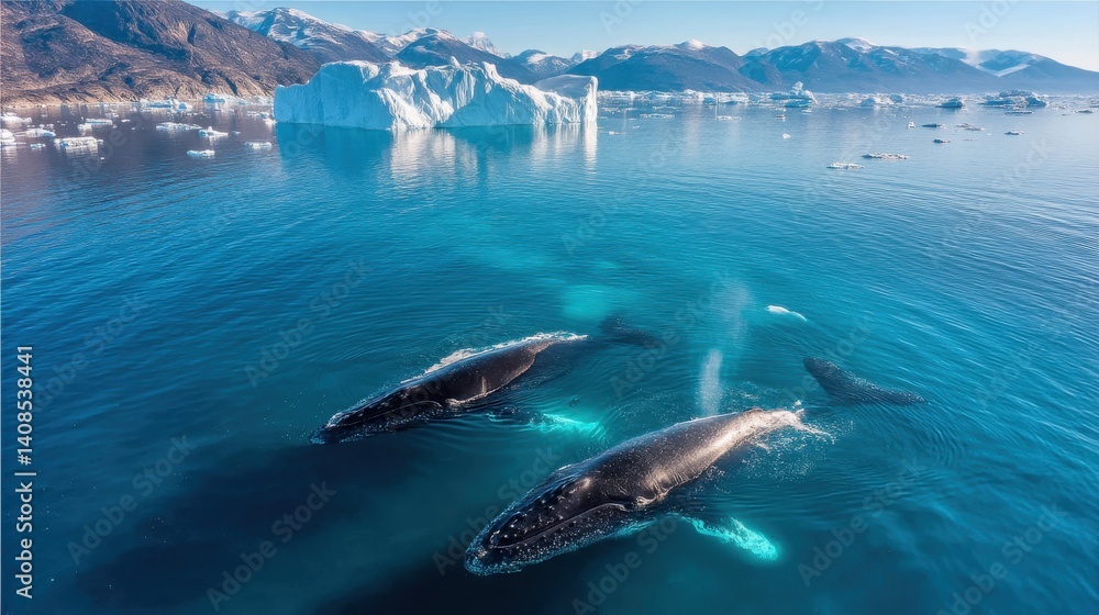 Naklejka premium Humpback whales swimming in the ocean near icebergs in greenland
