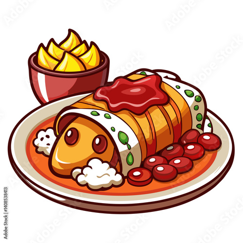 Delicious Cartoon Enchilada with Nachos and Side Dishes