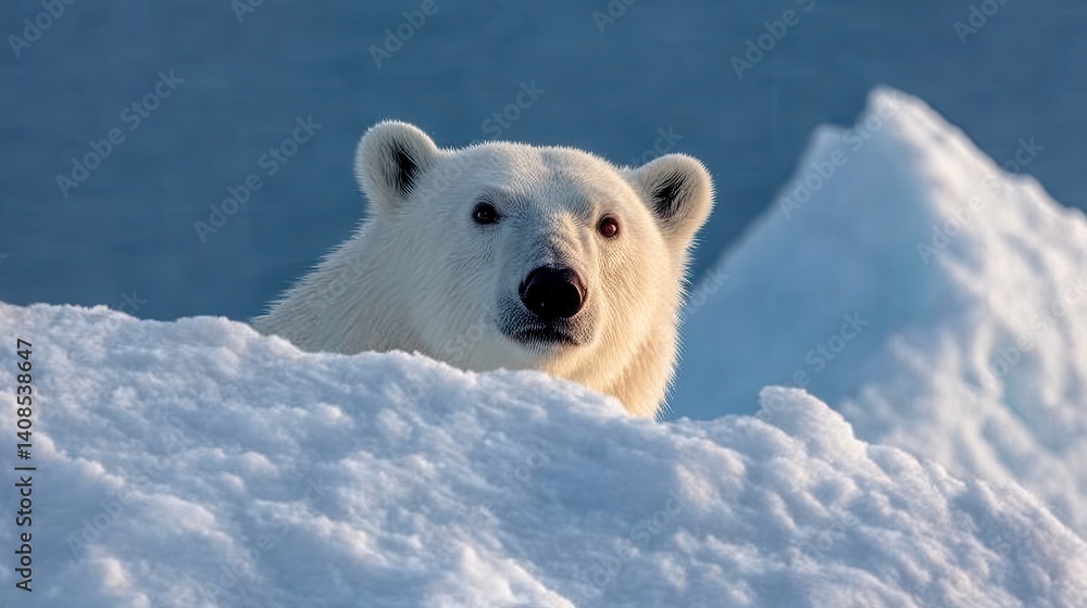 Polar bear peeking out from behind a snowdrift in greenland Polar bear peeking out from behind a snowdrift in greenland