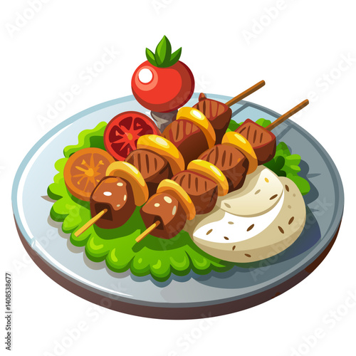 Colorful cartoon food, kebabs, vegetables and tortilla on plate