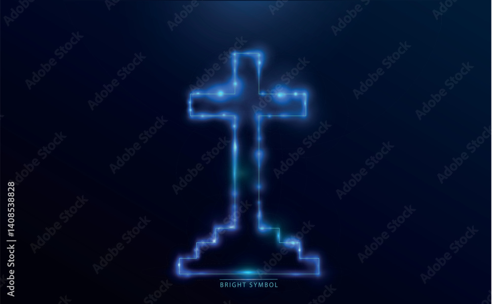 Glowing digital cross with a pixelated base, radiating blue neon light on a dark background. Symbolic representation of faith, spirituality, and modern technology. Glowing digital cross with a pixelated base, radiating blue neon light on a dark background. Symbolic representation of faith, spirituality, and modern technology.