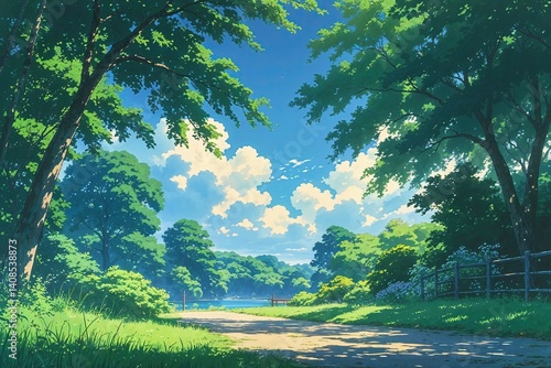 Serenity of Nature in Anime with Gentle Breezes and Soft Shadows