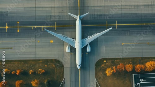 Passenger airplane taxiing on airport runway during autumn, surrounded by colorful trees, capturing transportation infrastructure from top down aerial perspective