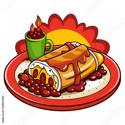 Cartoon smothered burrito with beans and chili sauce
