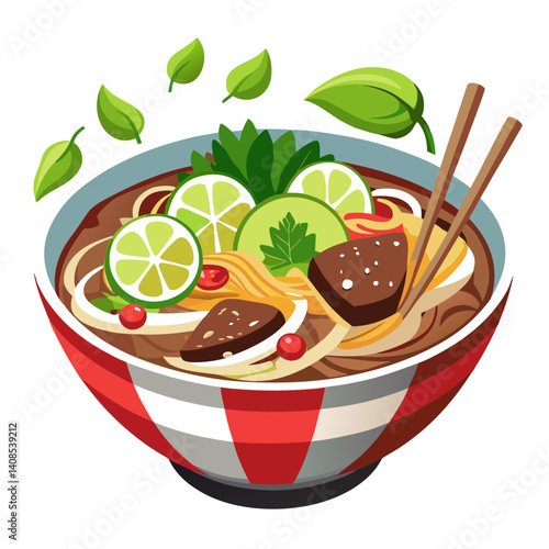 Delicious noodle soup bowl with meat and vegetables