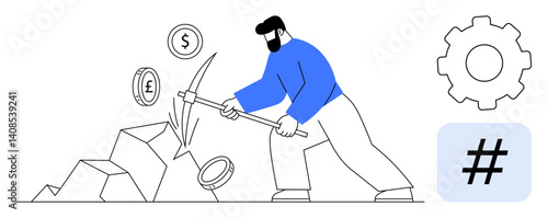 Man striking rocks to uncover coins with currency signs, accompanied by gear and metadata tag elements. Ideal for cryptocurrency, blockchain, mining, fintech, technology, innovation, simple landing