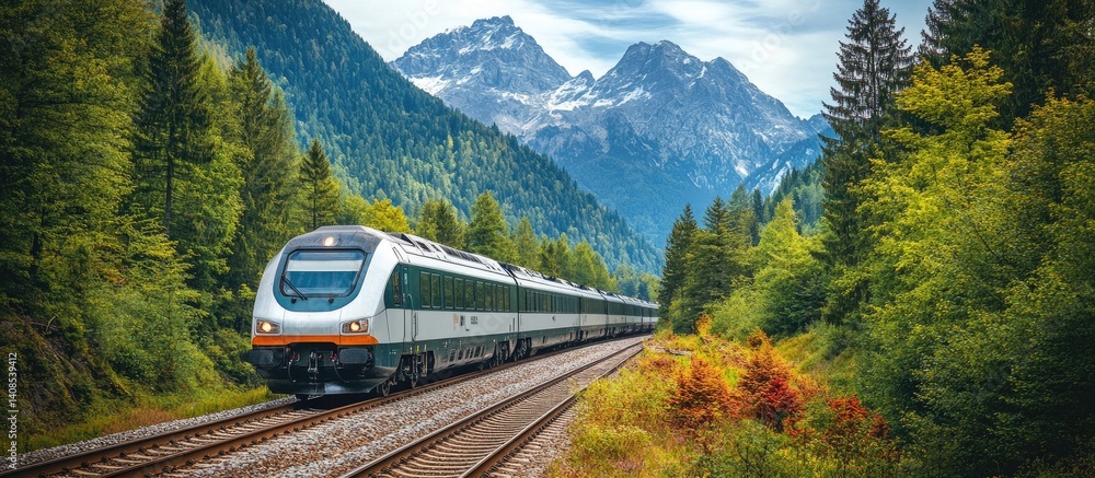 Scenic mountain train journey through lush forests. Scenic mountain train journey through lush forests.