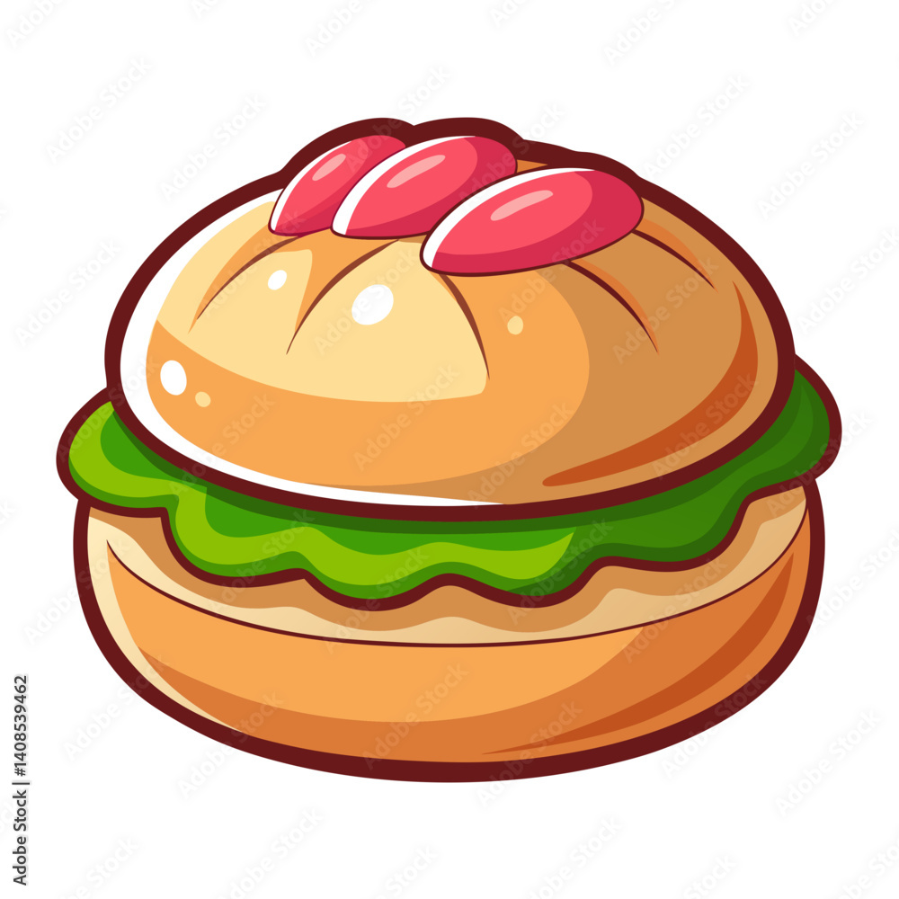 Cartoon burger with salad and toppings, isolated design