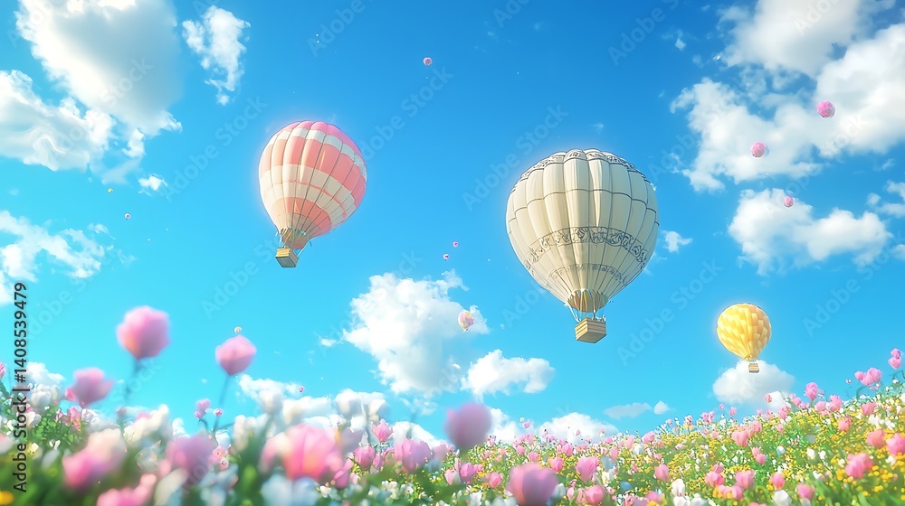 Obraz premium Colorful Hot Air Balloons Over Vibrant Flower Fields in Blue Sky