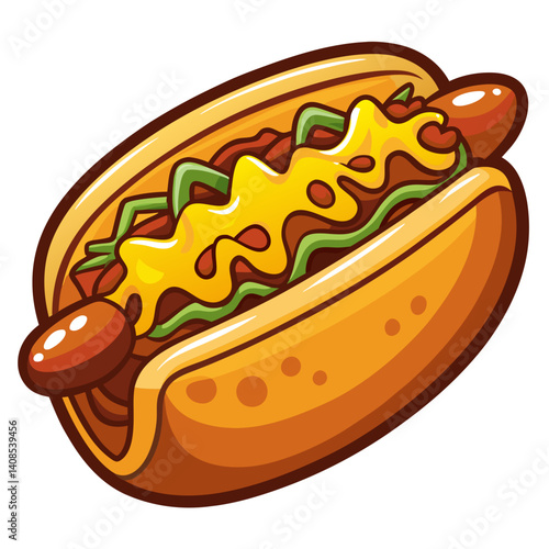 Cartoon Hot Dog with Cheese, Relish, and Chili