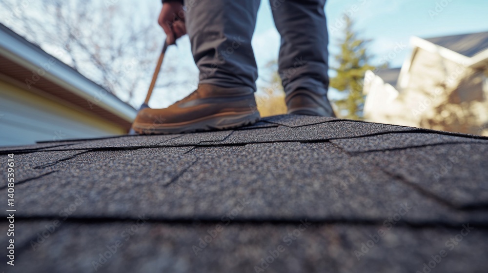 Roofer inspecting a roof at a construction site. Featuring skill and attention to detail Roofer inspecting a roof at a construction site. Featuring skill and attention to detail