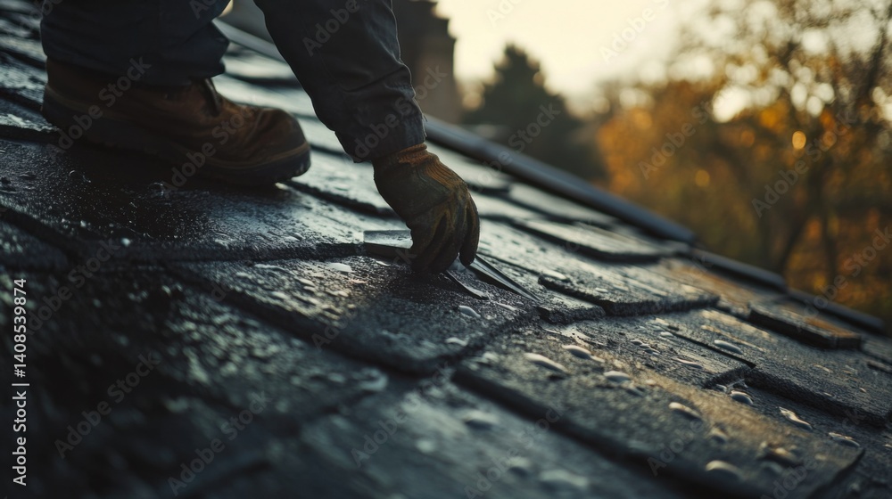 Roofer applying waterproofing material to a roof. Featuring skill and attention to detail Roofer applying waterproofing material to a roof. Featuring skill and attention to detail