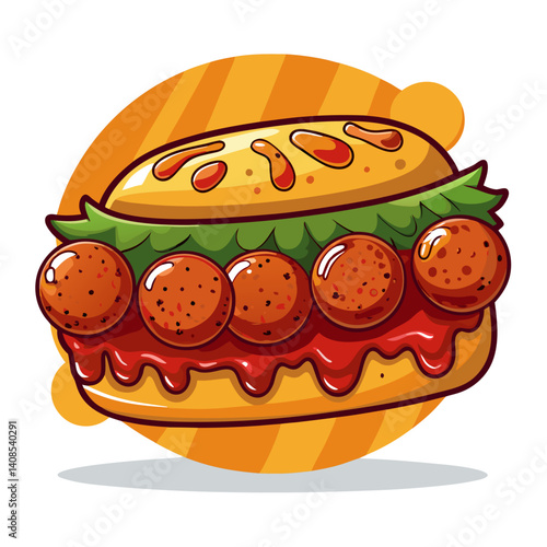 Meatball sub cartoon with sauce and lettuce