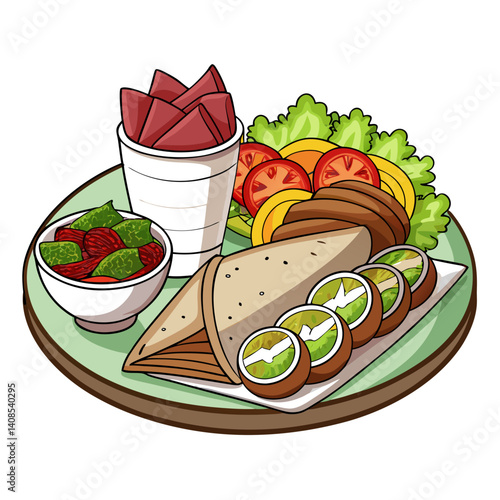 Delicious shawarma wrap with salad and tahini illustration