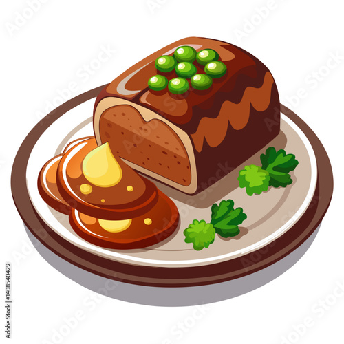 Cartoon Meatloaf with peas and sauce on plate