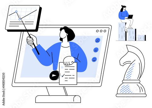 Presenter pointing at graph on screen, person working on laptop, chess knight symbolizing strategy. Ideal for education, leadership, remote teamwork, analytics, training, coaching business planning