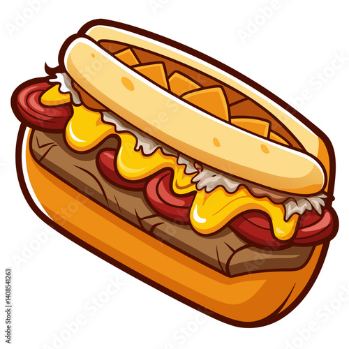 Illustration of a loaded hotdog cartoon with many toppings