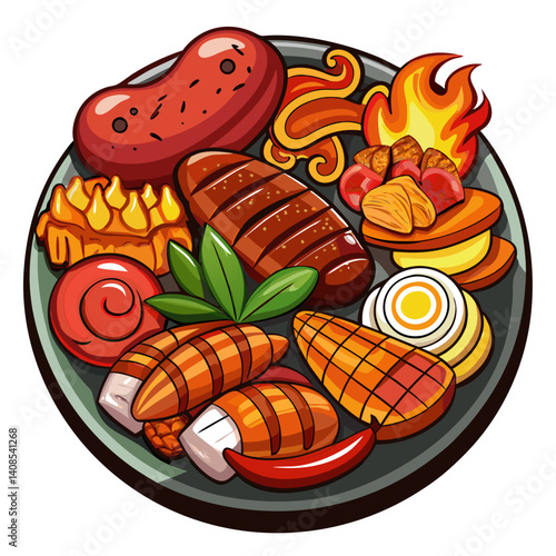 Grilled food platter with sausage, chicken, and more