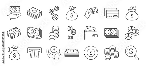 Money line icon set. Included credit card, bundle of money, money bag, coins, wallet, hand with money and more. Editable stroke. Vector illustration.