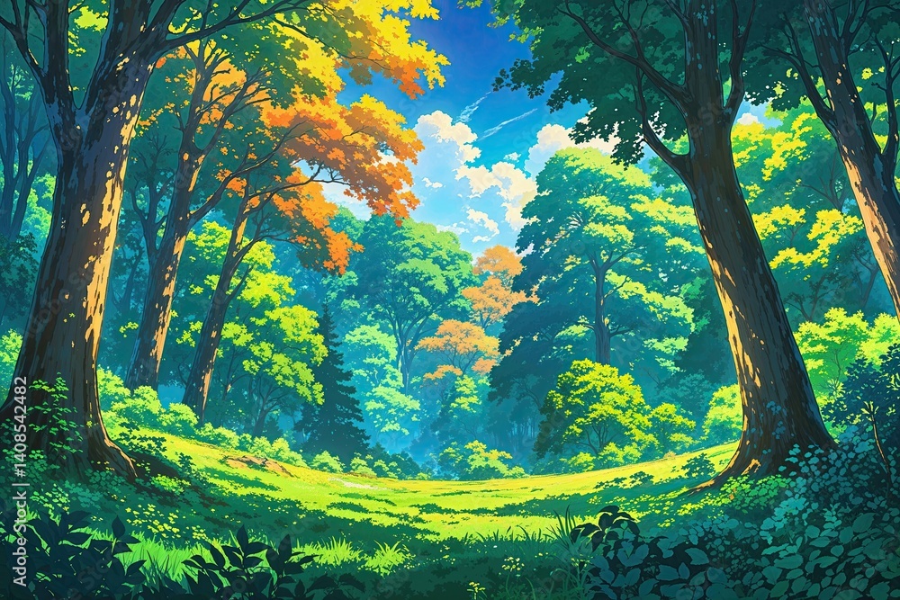 Sunlit Forest Landscape Anime Background with Lush Trees and Foliage