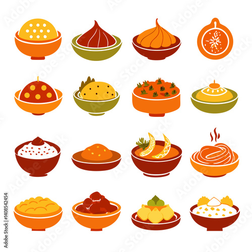 Illustration of diverse Indian food dishes and dessert