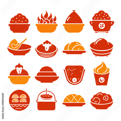 Collection of food icons in bowls, red and orange