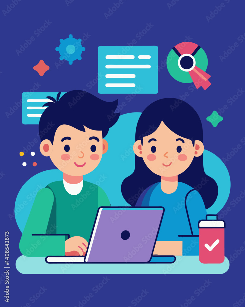 A sibling duo working together to write lines of code and design backgrounds for their joint interactive story project.. Vector illustration A sibling duo working together to write lines of code and design backgrounds for their joint interactive story project.. Vector illustration
