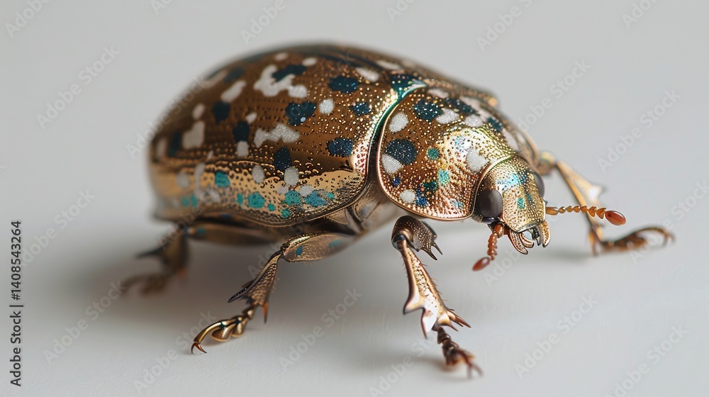 Fototapeta premium Golden tortoise beetle moving metallic gold shell changing hues tiny legs crawling soft lighting isolated a white background