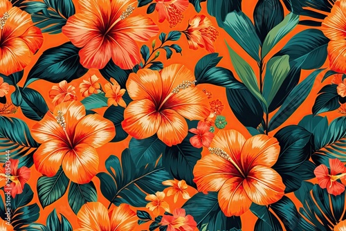 Vibrant Orange Tropical Floral Pattern on Bright Orange Backgrounds