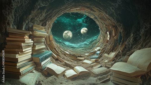 Cosmic library tunnel, filled with books and moonlight.