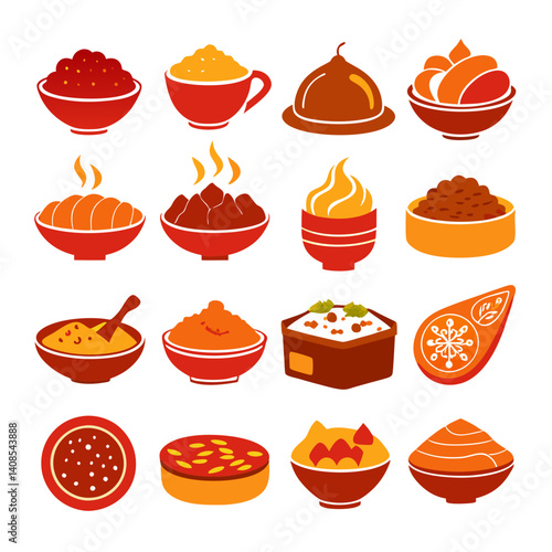 Vibrant stylized dishes collection, global cuisine vector illustration