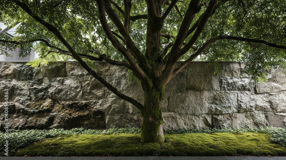 Fototapeta premium Lush greenery contrasted against a stone wall, a peaceful garden scene.